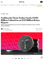 Stablecoin Titan Tether Seeks $500 Billion Valuation on $20 Billion Raise: Report - Decrypt