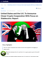 U.S, and U.K. To Announce Closer Crypto Cooperation With Focus on Stablecoins