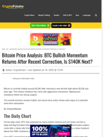 Bitcoin Price Analysis: BTC Bullish Momentum Returns After Recent Correction, Is $140K Next?