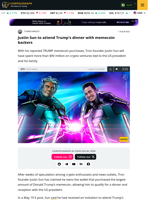 Justin Sun to attend Trump's dinner with memecoin backers