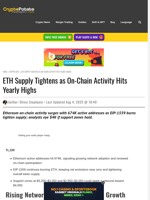 ETH Supply Tightens as On-Chain Activity Hits Yearly Highs