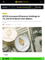 BTCS Increases Ethereum Holdings to 70,140 ETH Worth $321 Million
