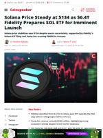 Solana Price Steady at $134 as $6.4T Fidelity Prepares SOL ETF for Imminent Launch - Coinspeaker