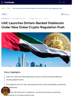 UAE Launches Dirham-Backed Stablecoin Under New Dubai Crypto Regulation Push