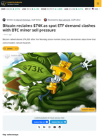Bitcoin Hits $74,000 As ETF Inflows Face Miner Selling And War Tensions