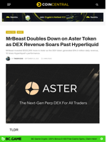 MrBeast Doubles Down on Aster Token as DEX Revenue Soars Past Hyperliquid - CoinCentral