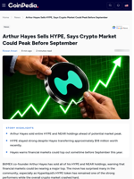 Arthur Hayes Sell HYPE Crypto Market To Peak Before September