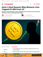 Here's Real Reason Why Binance Coin Topped $1,000 from CZ - Coinspeaker