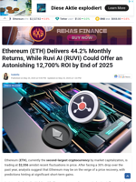 Ethereum (ETH) Delivers 44.2% Monthly Returns, While Ruvi AI (RUVI) Could Offer an Astonishing 12,700% ROI by End of 2025