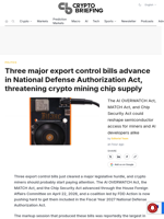 Three major export control bills advance in National Defense Authorization Act, threatening crypto mining chip supply