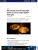Bitcoin hits new all-time high above $121K as bulls tighten their grip