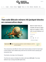 Two solo Bitcoin miners hit jackpot blocks on consecutive days