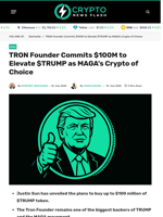 TRON Founder Commits $100M to Elevate $TRUMP Token