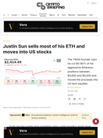 Justin Sun sells most of his ETH and moves into US stocks