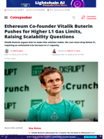 Ethereum Co-founder Vitalik Buterin Pushes for Higher L1 Gas Limits, Raising Scalability Questions | Coinspeaker