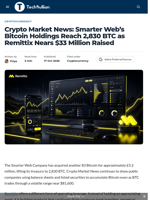 Crypto Market News: Smarter Web's Bitcoin Holdings Reach 2,830 BTC as Remittix Nears $33 Million Raised - TechBullion