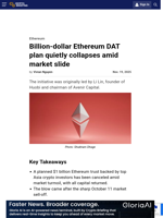 Billion-dollar Ethereum DAT plan quietly collapses amid market slide