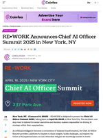RE•WORK Announces Chief AI Officer Summit 2025 in New York, NY - Coinfea