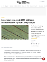 Liverpool rejects £85M bid from Manchester City for Cody Gakpo