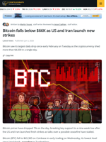 Bitcoin Drops 7% to Nine-Week Low Amid US-Iran Strikes