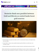 Deutsche Bank sees parallels between Gold and Bitcoin as central banks boost gold reserves - CoinJournal