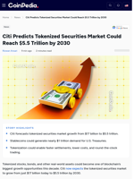 Citi Predicts Tokenized Securities Market To Reach $5.5T by 2030
