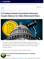 U.S Indiana Senate Committee Advances Crypto Options for State Retirement Plans