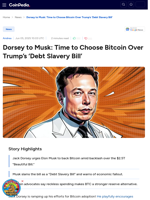 Dorsey to Musk: Time to Choose Bitcoin Over Trump’s ‘Debt Slavery Bill’