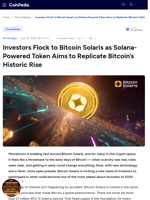 Investors Flock to Bitcoin Solaris as Solana-Powered Token Aims to Replicate Bitcoin’s Historic Rise