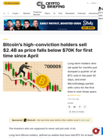 Bitcoin's high-conviction holders sell $2.4B as price falls below $70K for first time since April