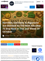 Remittix, VeChain, & Algorand Are Backed As The Best Altcoins To Buy Now In The 2nd Week Of October | Live Bitcoin News