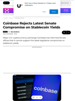 Coinbase Rejects Latest Senate Compromise on Stablecoin Yields - U.Today