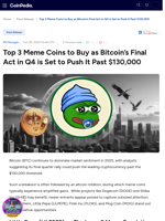 Top 3 Meme Coins to Buy as Bitcoin’s Final Act in Q4 is Set to Push It Past $130,000