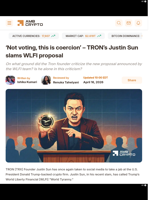 ‘Not voting, this is coercion’ – TRON's Justin Sun slams WLFI proposal - AMBCrypto