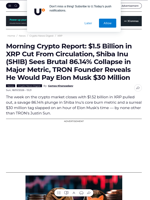 Morning Crypto Report: $1.5 Billion in XRP Cut From Circulation, Shiba Inu (SHIB) Sees Brutal 86.14% Collapse in Major Metric, TRON Founder Reveals He Would Pay Elon Musk $30 Million - U.Today