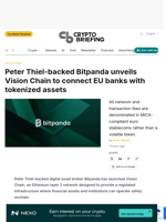 Peter Thiel-backed Bitpanda unveils Vision Chain to connect EU banks with tokenized assets