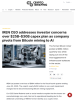 IREN CEO addresses investor concerns over $25B–$30B capex plan as company pivots from Bitcoin mining to AI