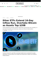 Ether ETFs Extend 16-Day Inflow Run, Overtake Bitcoin as Assets Top $20B - 