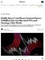 Public Keys: CoreWeave Fusion Dance, $1 Billion Day for Bitcoin ETFs and Strategy's Bye Week - Decrypt