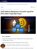 $755 Million Withdrawn from BTC and ETH ETFs After Trade War Fears