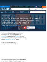 Trump Administration Wants Ford, GM To Produce Weapons And Munitions Amid Wars In Iran, Ukraine: Report - - Benzinga