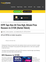 HYPE Taps New All-Time High, Bitcoin Price Recovers to $110K (Market Watch)