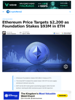 Ethereum Price Targets $2,200, Foundation Stakes $93M in ETH