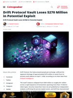Drift Protocol Vault Loses $270 Million in Potential Exploit - Coinspeaker