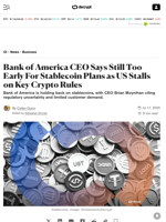 Bank of America CEO Says Still Too Early For Stablecoin Plans as US Stalls on Key Crypto Rules - Decrypt