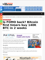 Is FOMO back? Bitcoin first timers buy 140K BTC in 2 weeks - The Crypto News Wire