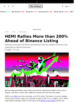 HEMI Rallies More than 200% Ahead of Binance Listing - 