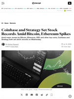Coinbase and Strategy Set Stock Records Amid Bitcoin, Ethereum Spikes - Decrypt