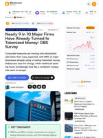 Nearly 9 in 10 Major Firms Have Already Turned to Tokenized Money: DBS Survey