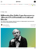 Billionaire Ray Dalio Urges Investors to Allocate 15% of Portfolios to Gold and Bitcoin - Decrypt